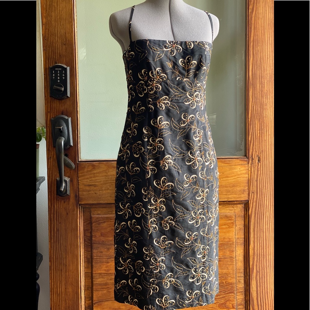 Luxury Designer Silk Chemise Dress with Gold Floral Embroidery